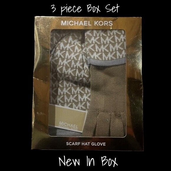 Michael Kors Knit Scarf, Hat & Gloves Set - Camel & Cream, New in Box - Picture 1 of 2